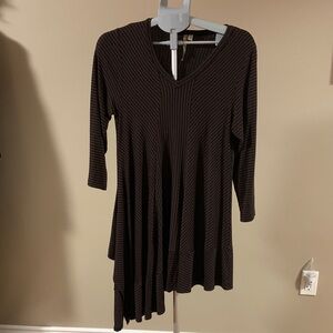 Brown with Black Striped V-Neck Dress Asymmetrical Hem Dress/Top Women's Medium